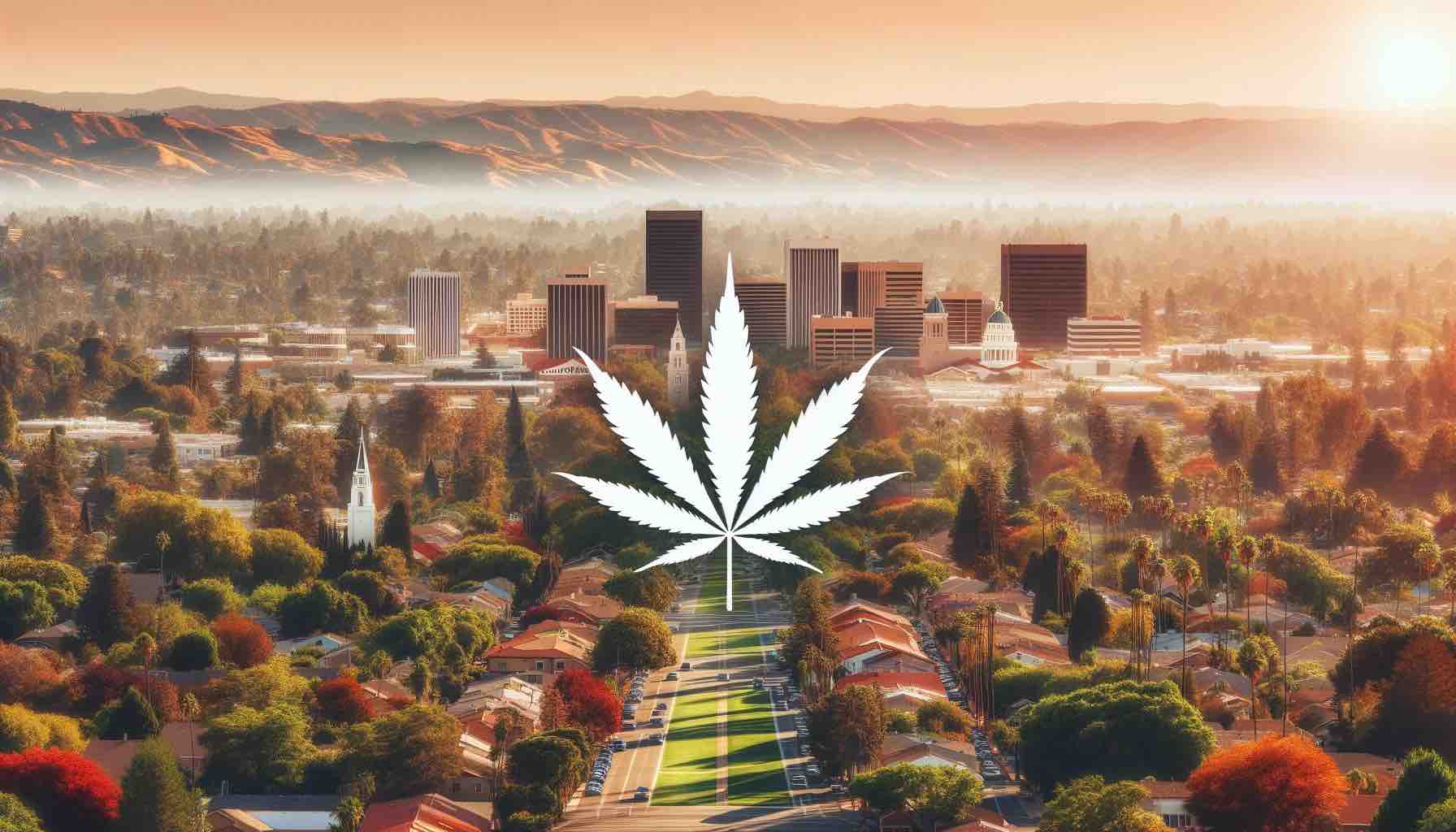 Panoramic landscape of Vista, California, with cannabis plant silhouettes against a sunset sky, symbolizing the city's dispensaries.